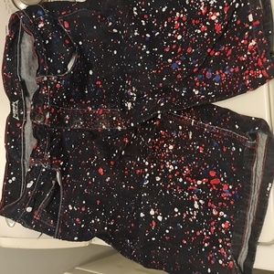 Legendary Status 40 BLACK SHORTS orange Splatters Distressed MOTO frayed stretch